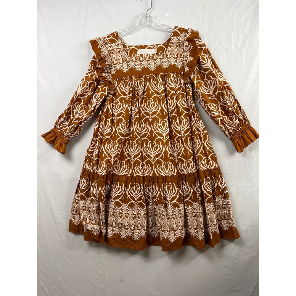 Happy Nature Babydoll Dress Women Medium Rust Floral Ruffle Tiered Boho Cottage